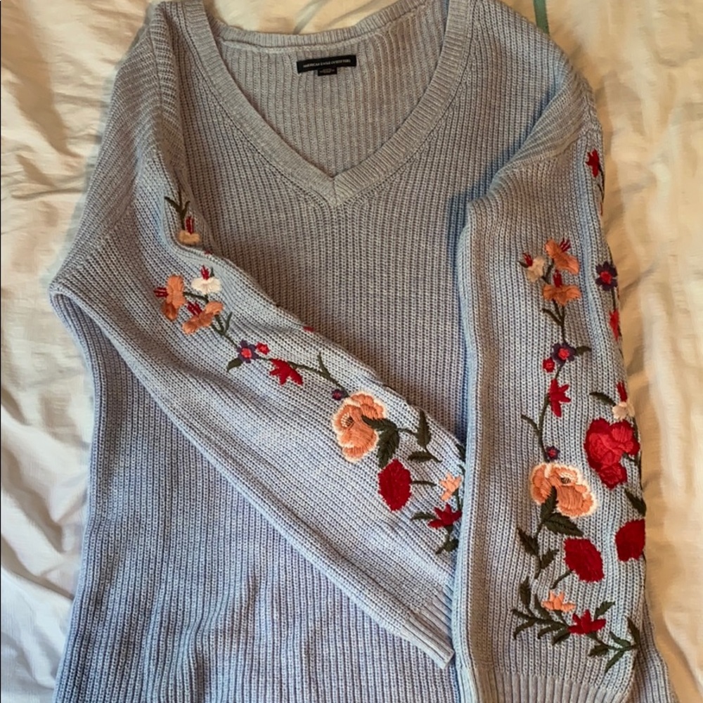 Blue V neck sweater with embroidered flowers!!